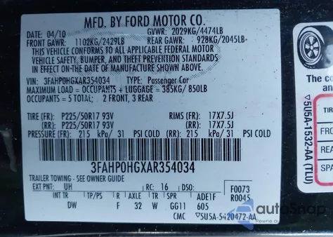 2010 Ford Fusion Se from USA, damaged, VIN 3FAHP0HGXAR354034